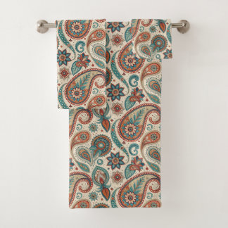 Vintage Paisley in Red Teal Cream Bath Towel Set
