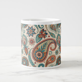 Vintage Paisley in Red Teal Cream Large Coffee Mug