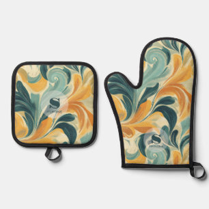 Vintage Paisley-Inspired Leaf Pattern (1) Oven Mitt & Pot Holder Set