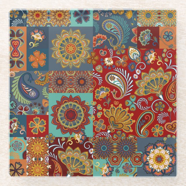 Vintage Paisley Mandala Colourful Patchwork Glass Coaster (Front)