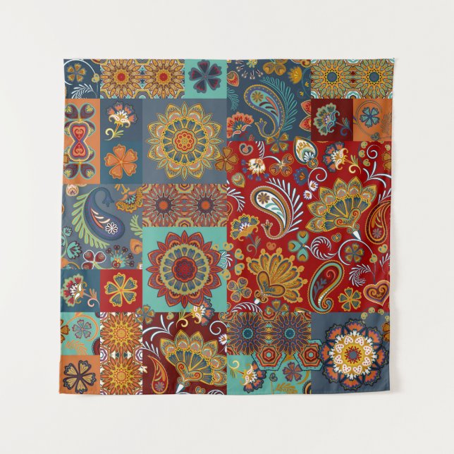 Vintage Paisley Mandala Colourful Patchwork Tapestry (Front)