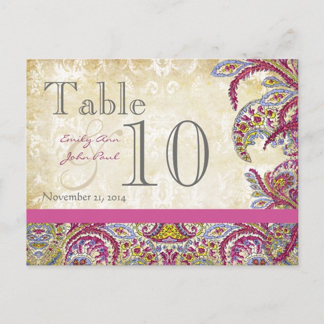 Vintage Paisley Peacock Gold Wedding Table Number Postcard (Front)