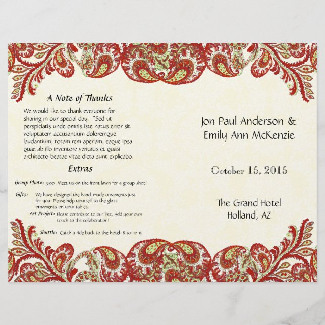 Vintage Paisley Peacock Red Wedding Program (Front)