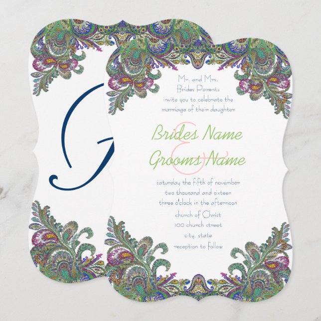 Vintage Paisley Raspberry and Green Peacock Colour Invitation (Front/Back)
