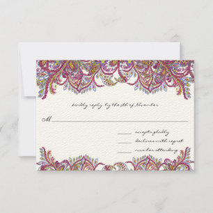 Vintage Paisley Raspberry Feathers RSVP Card