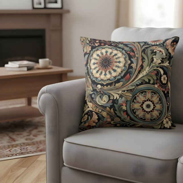 Vintage Paisley Throw Pillow Dark Green Orange (Creator Uploaded)