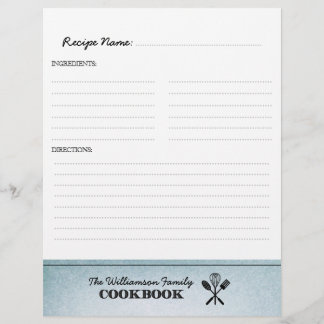 Vintage Pale Blue Family Cookbook Binder Insert