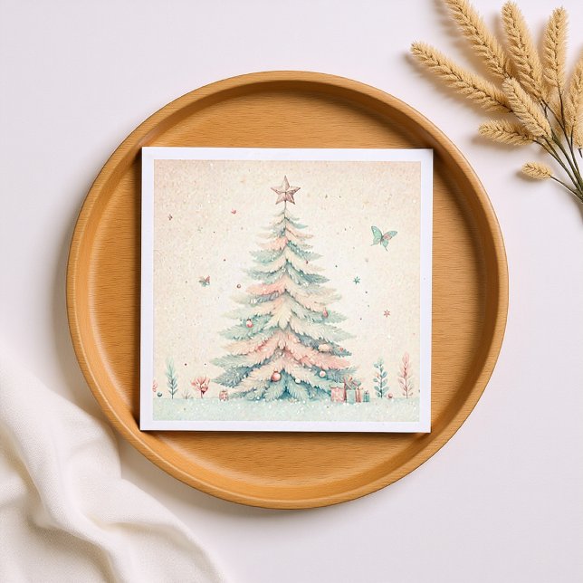 Vintage pale Merry Christmas Napkin (Vintage Christmas Tree soft pink Watercolor Napkins)