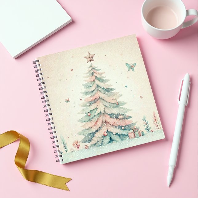 Vintage pale Merry Christmas spiral Notebook (Vintage Christmas Tree Watercolor Holiday Journal)