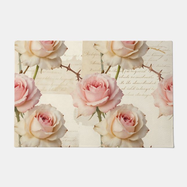 Vintage Pale Pink Rose Script Pattern Doormat (Front)