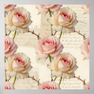 Vintage Pale Pink Rose Script Pattern Poster