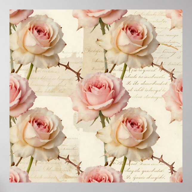 Vintage Pale Pink Rose Script Pattern Poster (Front)