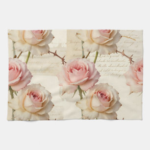 Vintage Pale Pink Rose Script Pattern Tea Towel