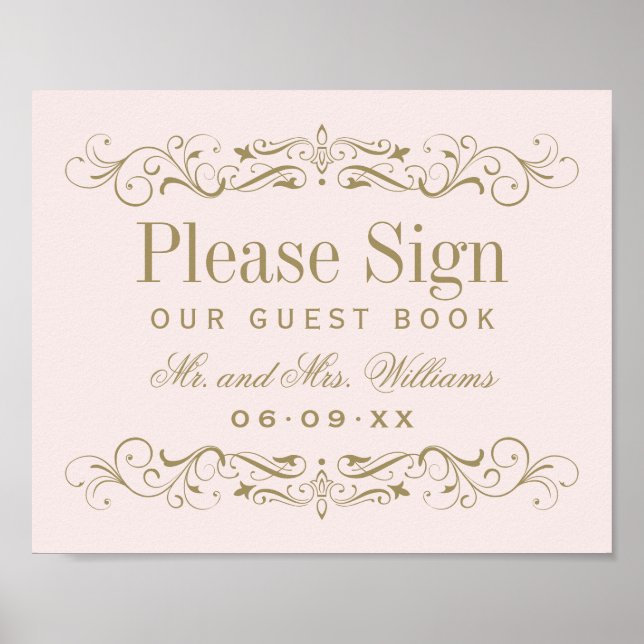 Vintage Pale Pink Scrollwork Guest Book Sign (Front)