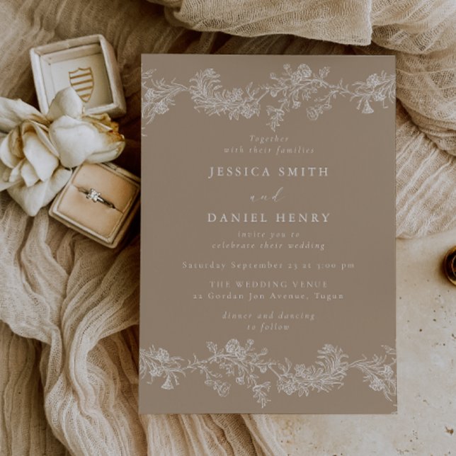 Vintage Pale Taupe & White Floral Wedding Invitation (Creator Uploaded)