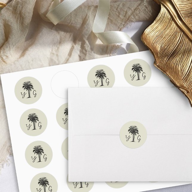 Vintage Palm Monogrammed Wedding Classic Round Sticker (Monogrammed wedding sticker - from my Vintage Palm Wedding Collection)