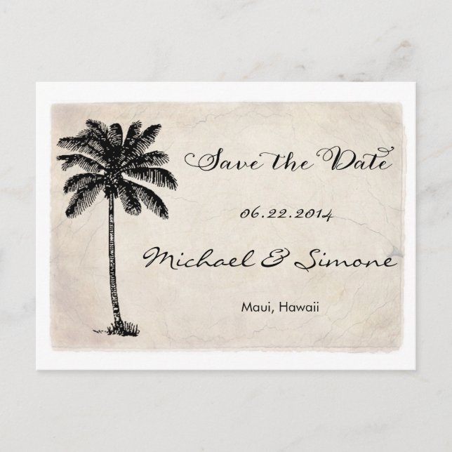 Vintage Palm Tree Beach Save The Date Postcard (Front)