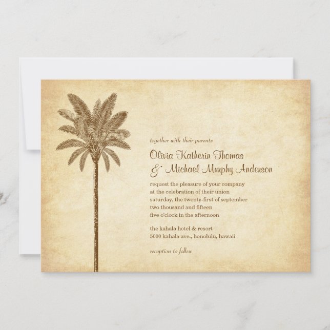 Vintage Palm Tree Beach Wedding Invitations (Front)