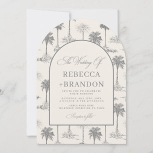 Vintage Palm Tree Toile QR Code Beach Wedding Invitation