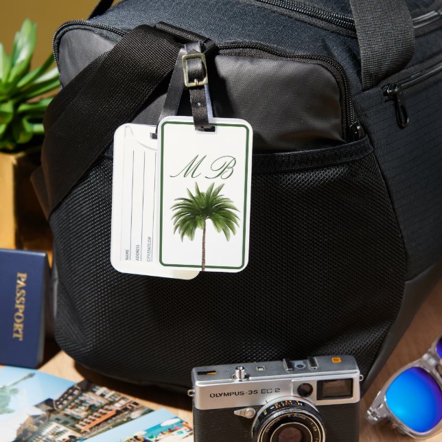 Vintage Palm Tree Tropical Elegant Momgram Luggage Tag (Front & Back)