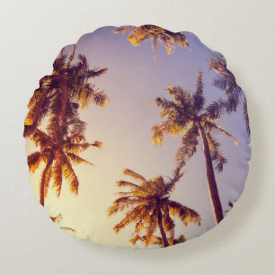 Vintage Palm Trees Blue Sky Round Cushion