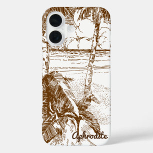 Vintage Palm Trees Tropical Beach Etching Editable iPhone 16 Case