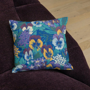 Vintage Pansy Floral Pattern Blue Cottage Garden Cushion