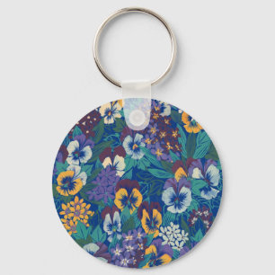 Vintage Pansy Floral Pattern Blue Cottage Garden Key Ring