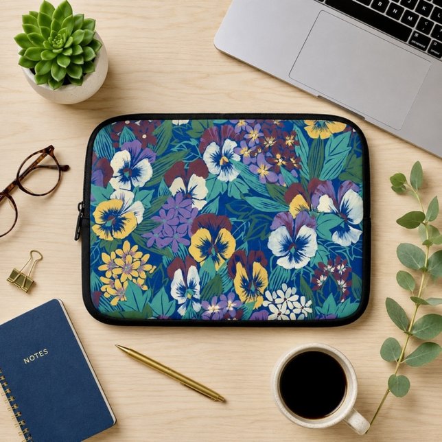 Vintage Pansy Floral Pattern | Blue Cottage Garden Laptop Sleeve (Creator Uploaded)