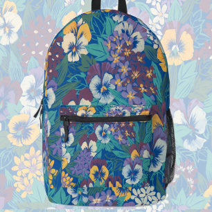 Vintage Pansy Floral Pattern Blue Cottage Garden Printed Backpack