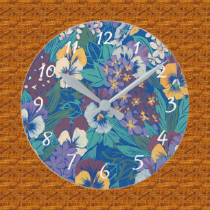 Vintage Pansy Floral Pattern Blue Cottage Garden Round Clock