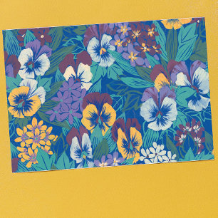 Vintage Pansy Floral Pattern Blue Cottage Garden Tea Towel