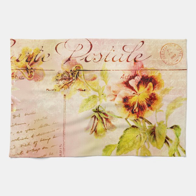 Vintage pansy flower postcard tea towel (Horizontal)
