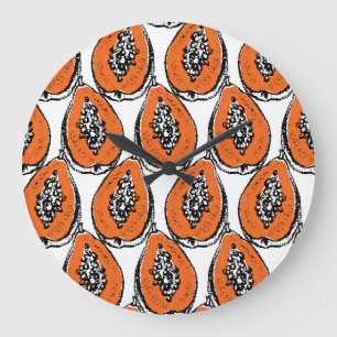 Vintage Papaya Charcoal Drawing Pattern. Large Clock