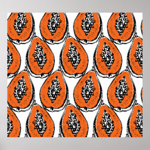 Vintage Papaya Charcoal Drawing Pattern. Poster