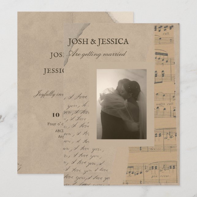 Vintage paper aesthetic photo wedding invitation (Front/Back)