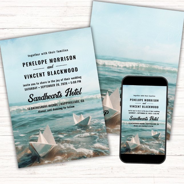 Vintage Paper Boats on Sea Wedding Invitation (Creator Uploaded)