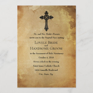 Vintage Paper Catholic Cross Wedding Invitation