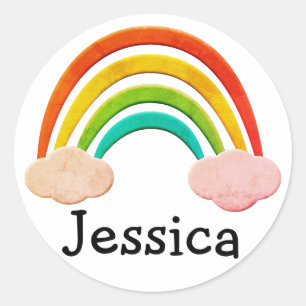 Vintage Paper Cut Rainbow And Clouds Custom Name Classic Round Sticker