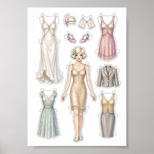 Vintage Paper Doll Cut-Out Activity for Girls Kids Poster