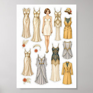 Vintage Paper Doll Cut-Out Activity for Girls Kids Poster