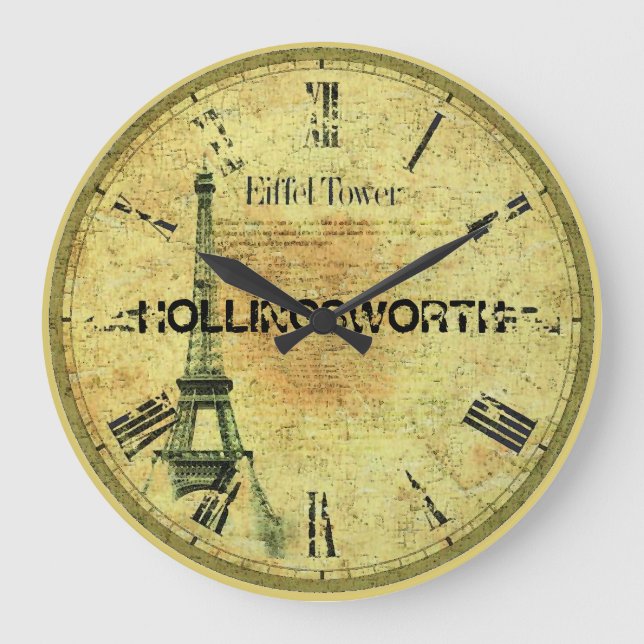 Vintage Paper- Eiffel Tower & Last Name Large Clock (Front)