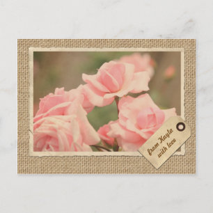 Vintage Paper Frame Travel Tag Pink Rose Burlap Postcard