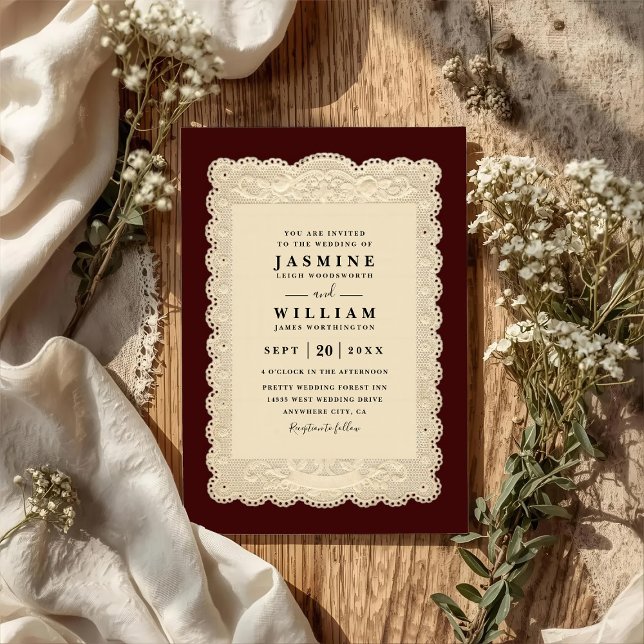 Vintage Paper Lace Burgundy QR Code Wedding Invitation (Creator Uploaded)