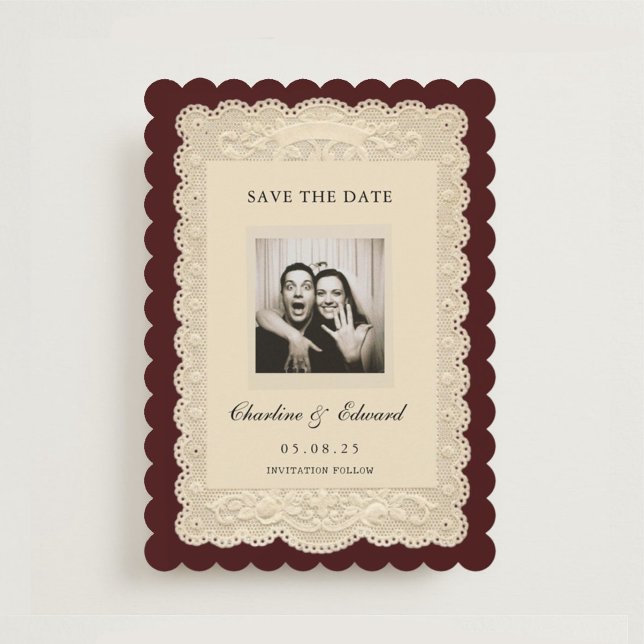 Vintage Paper Lace Burgundy Save the Date (Creator Uploaded)