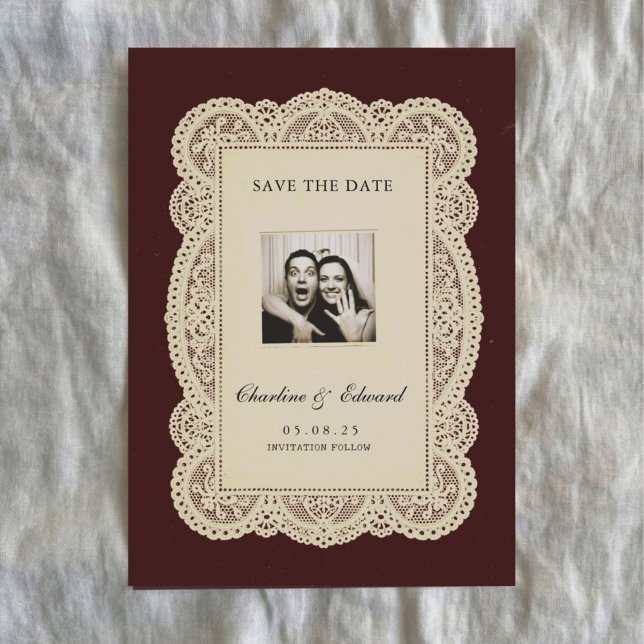 Vintage Paper Lace Burgundy Save the Date (Creator Uploaded)