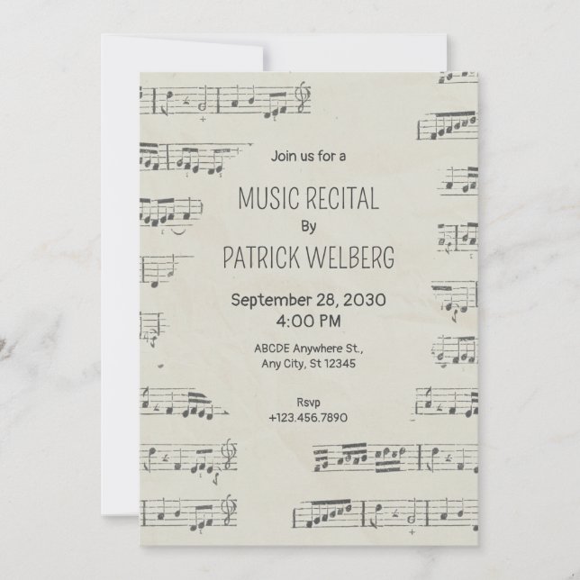 Vintage paper musical notes  invitation (Front)