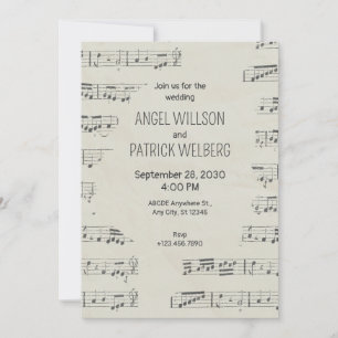 Vintage paper musical notes wedding invitation