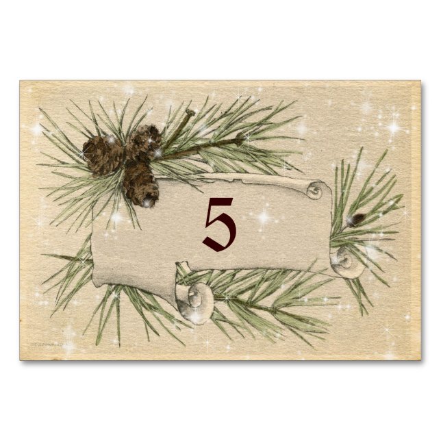 Vintage Paper, Pine cones, Christmas, Wedding. Table Number (Front)