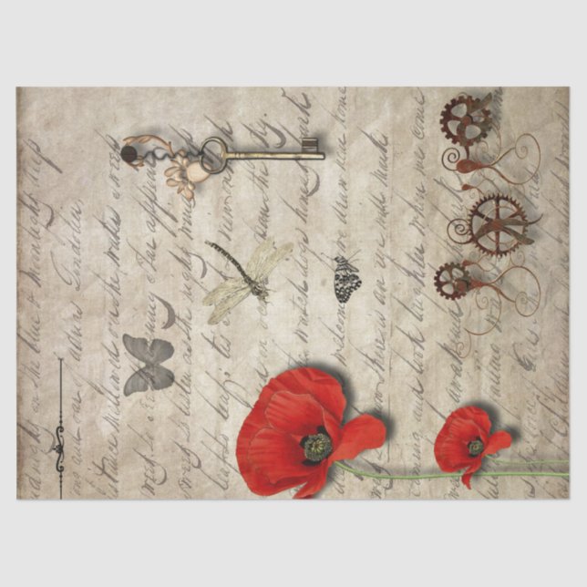 Vintage Paper Poppy Key Butterfly Gear Dragonfly (Front)